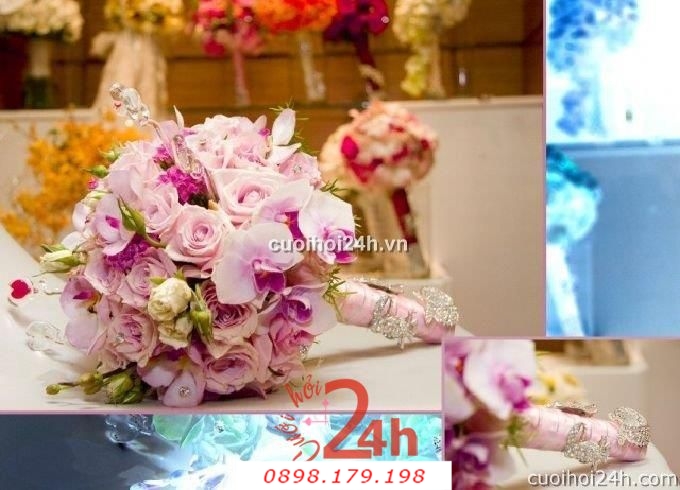 Dịch vụ cưới hỏi 24h trọn vẹn ngày vui chuyên trang trí nhà đám cưới hỏi và nhà hàng tiệc cưới | Hoa hồng trắng với hoa lan trắng